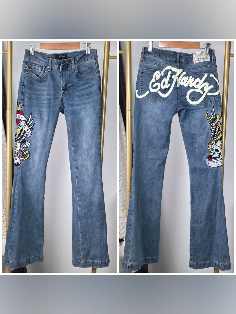 Ed Hardy Jeans Slim Flare Denim Embroidered Mid Rise Size 26 Blue Wash